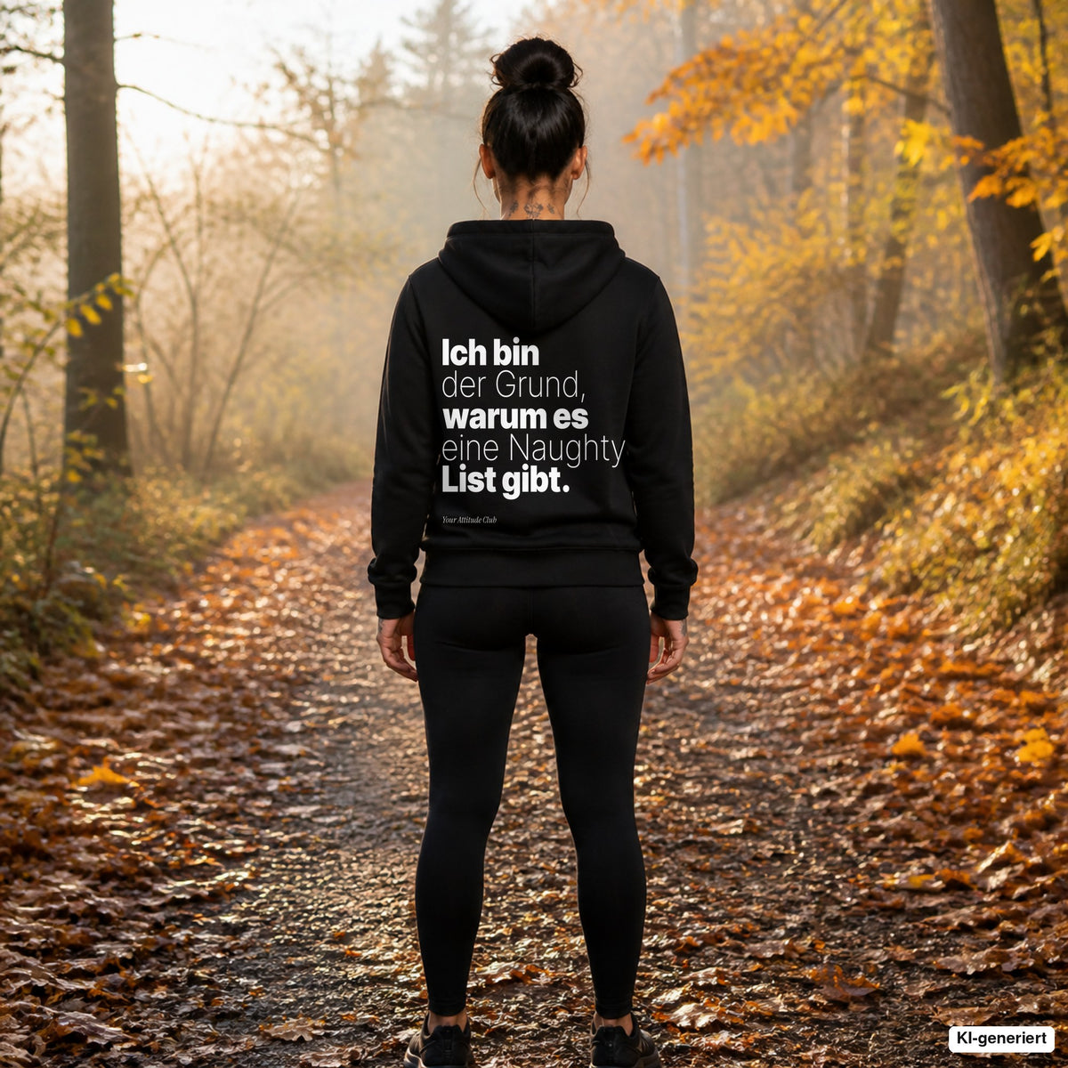 Ich bin der Grund, warum es eine Naughty List gibt – schwarzer Hoodie mit weißem Backprint, Damen beim Joggen im Herbst