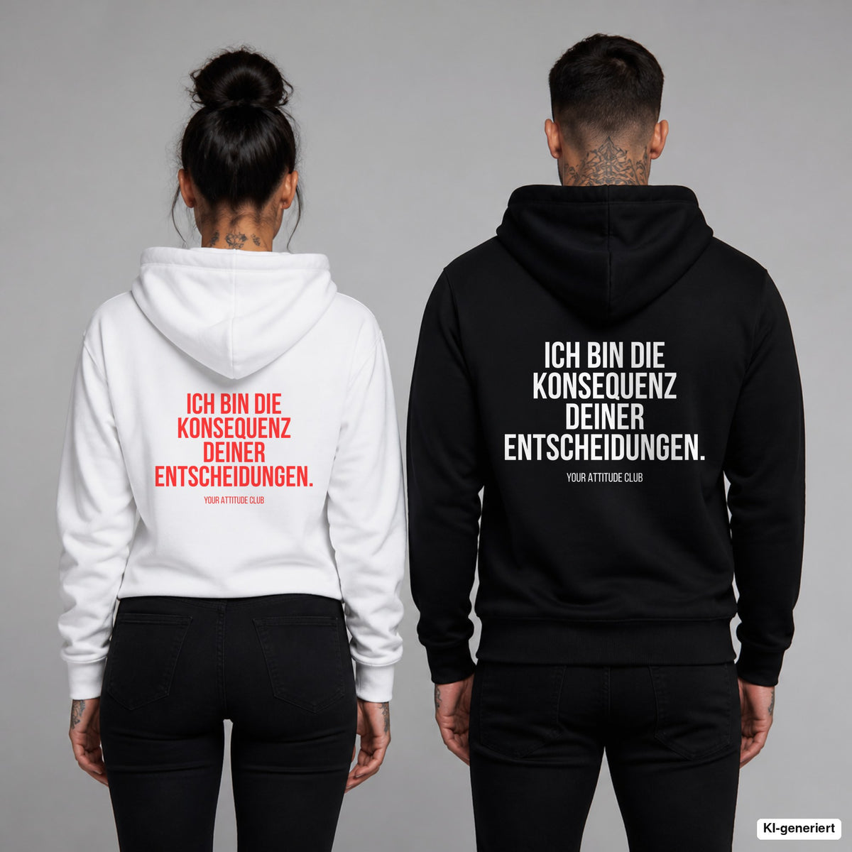 Ich bin die Konsequenz deiner Entscheidungen – Hoodie mit Backprint, Frau in Weiß mit rotem und Mann in Schwarz mit weißem Aufdruck