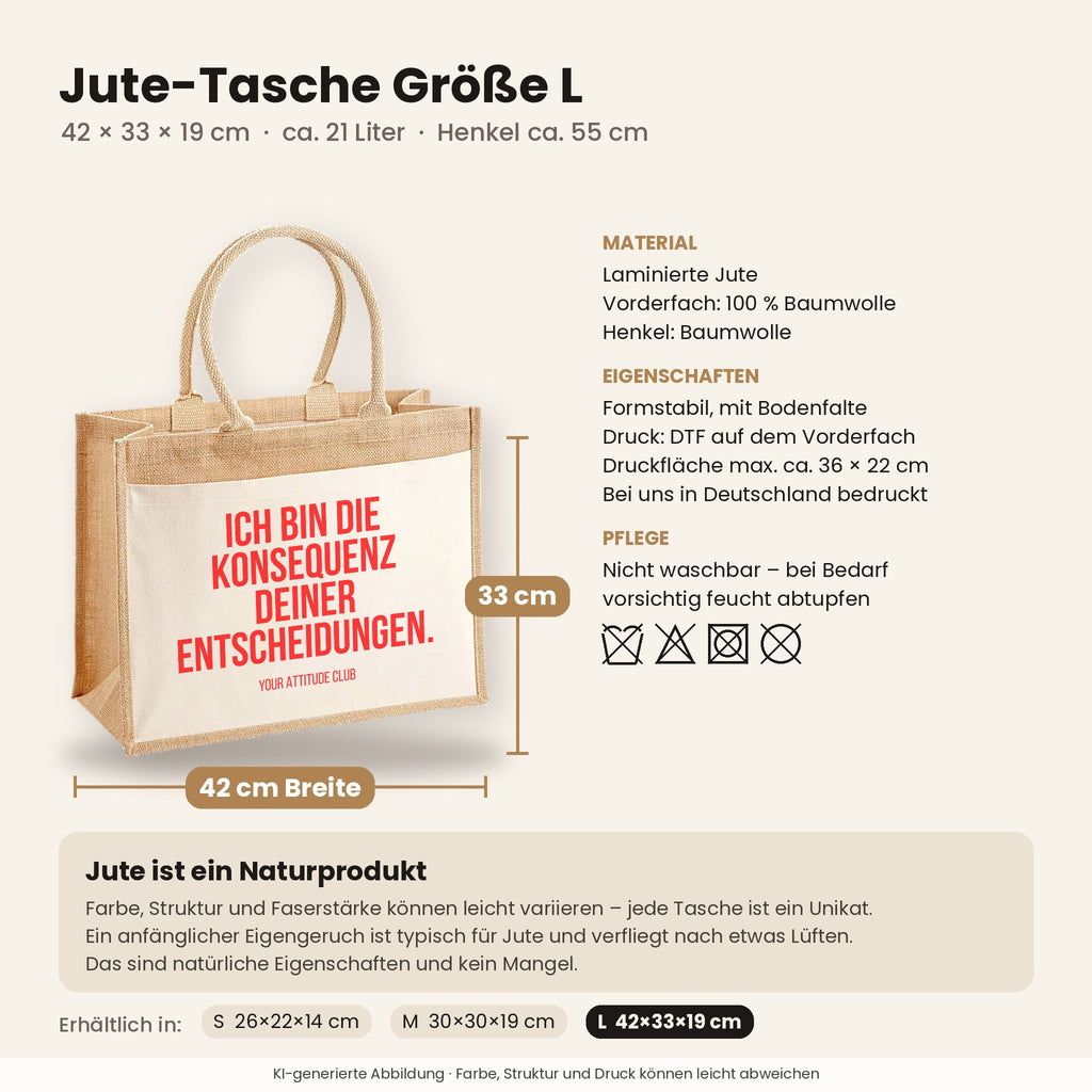 Ich bin die Konsequenz deiner Entscheidungen. – Jutetasche mit Spruch, Maße, Material und Pflege