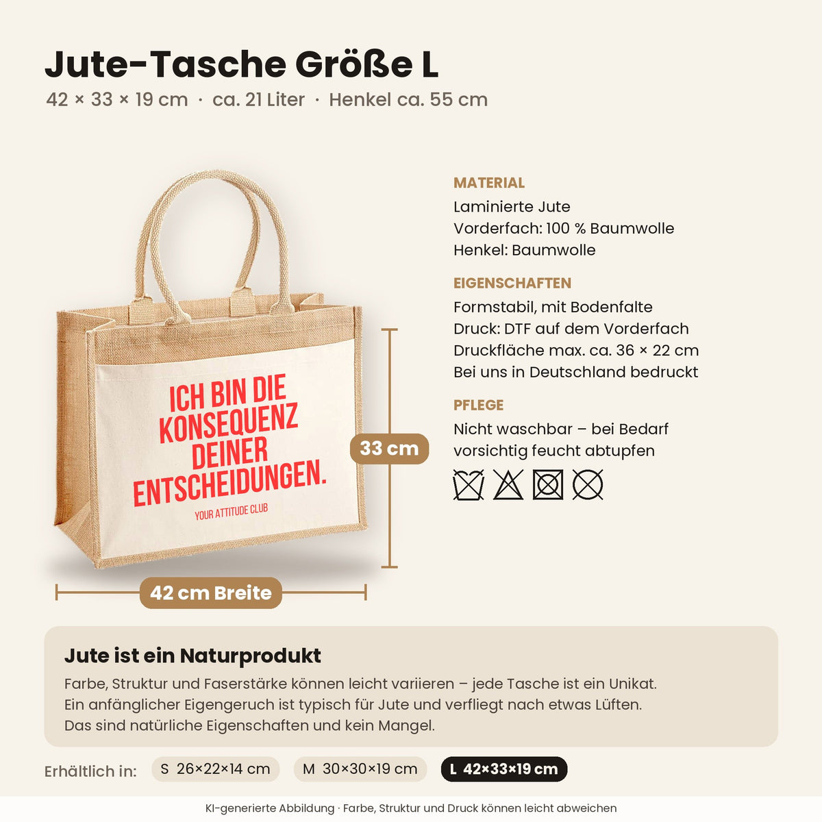 Ich bin die Konsequenz deiner Entscheidungen. – Jutetasche mit Spruch, Maße, Material und Pflege