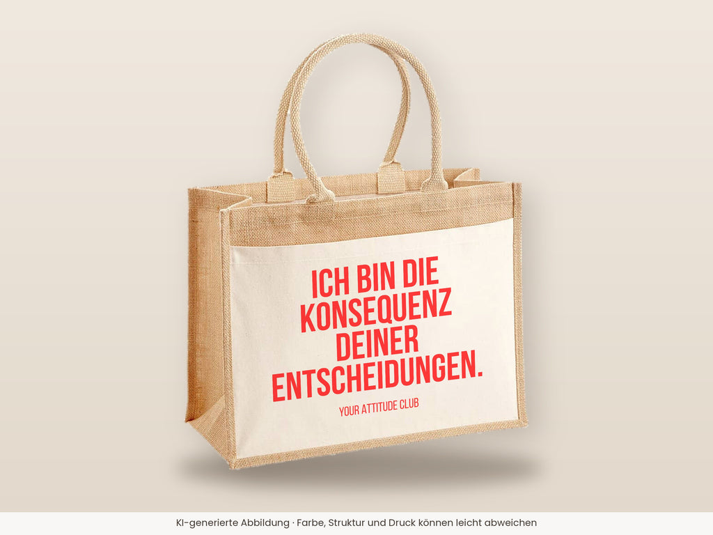 Ich bin die Konsequenz deiner Entscheidungen. – Jutetasche mit Spruch, große Jutetasche, Detailansicht