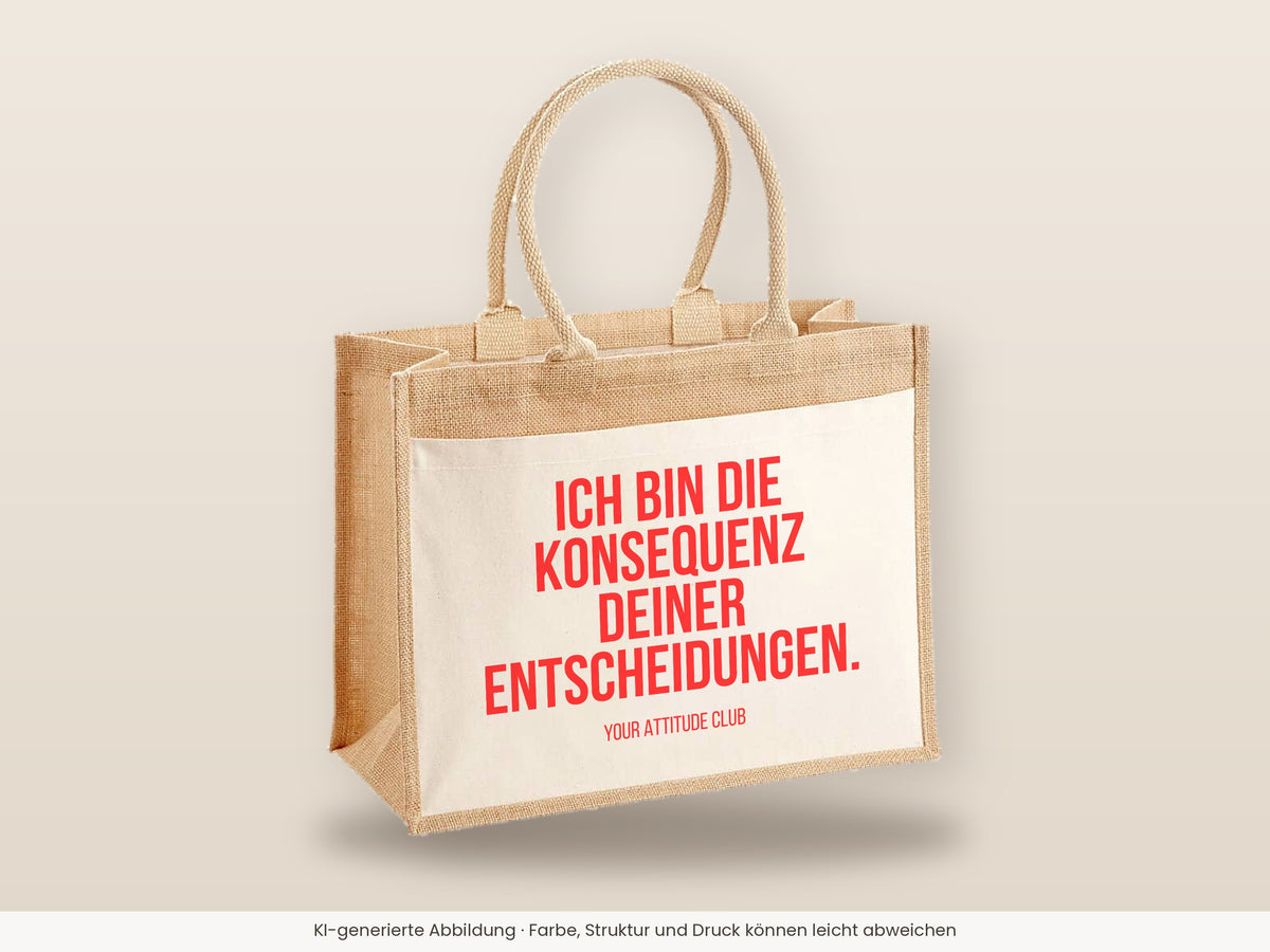 Ich bin die Konsequenz deiner Entscheidungen. – Jutetasche mit Spruch, große Jutetasche, Detailansicht