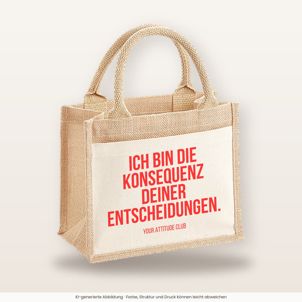 Ich bin die Konsequenz deiner Entscheidungen. – Jutetasche mit Spruch, kleine Jutetasche 26 × 22 cm