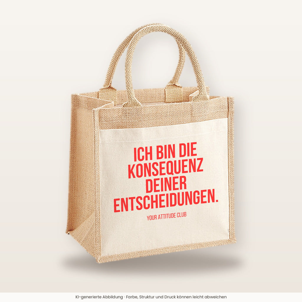Ich bin die Konsequenz deiner Entscheidungen. – Jutetasche mit Spruch, mittlere Jutetasche 30 × 30 cm