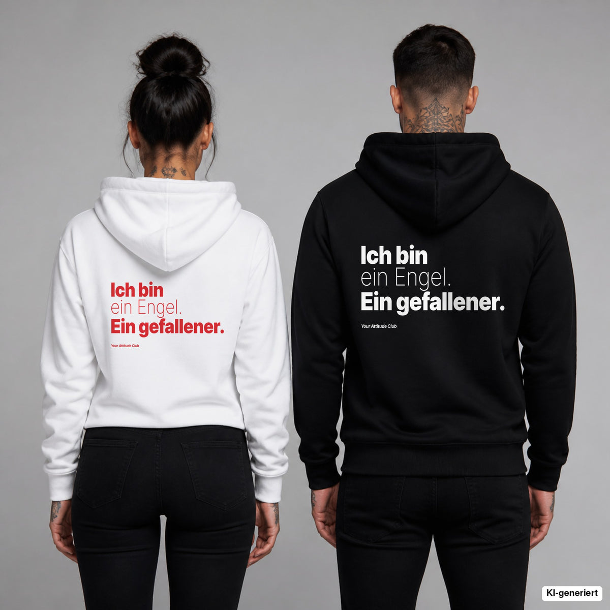 Ich bin ein Engel. Ein gefallener – Hoodie mit Backprint, Frau in Weiß mit rotem und Mann in Schwarz mit weißem Aufdruck