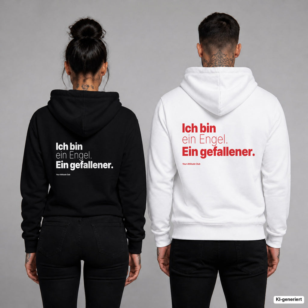 Ich bin ein Engel. Ein gefallener – Hoodie mit Backprint, Frau in Schwarz und Mann in Weiß