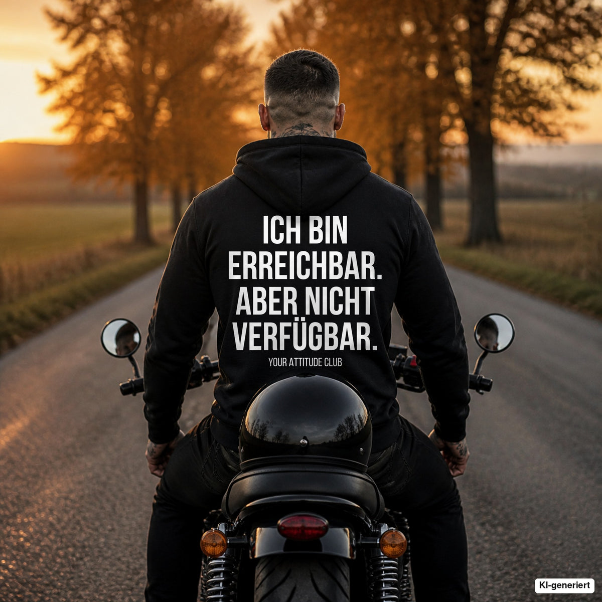 Ich bin erreichbar. Aber nicht verfügbar – schwarzer Hoodie mit weißem Backprint, Herren auf dem Motorrad