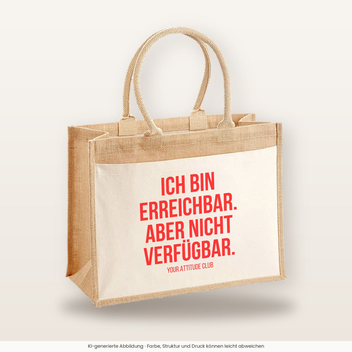 Ich bin erreichbar. Aber nicht verfügbar. – Jutetasche mit Spruch, große Jutetasche, Produktansicht