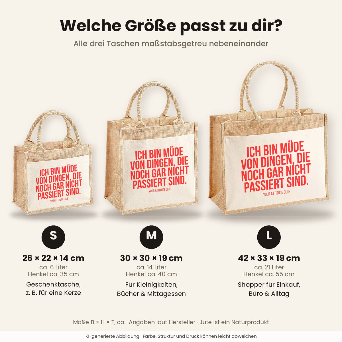 Ich bin müde von Dingen, die noch gar nicht passiert sind. – Jutetasche mit Spruch, Größenvergleich klein, mittel, groß