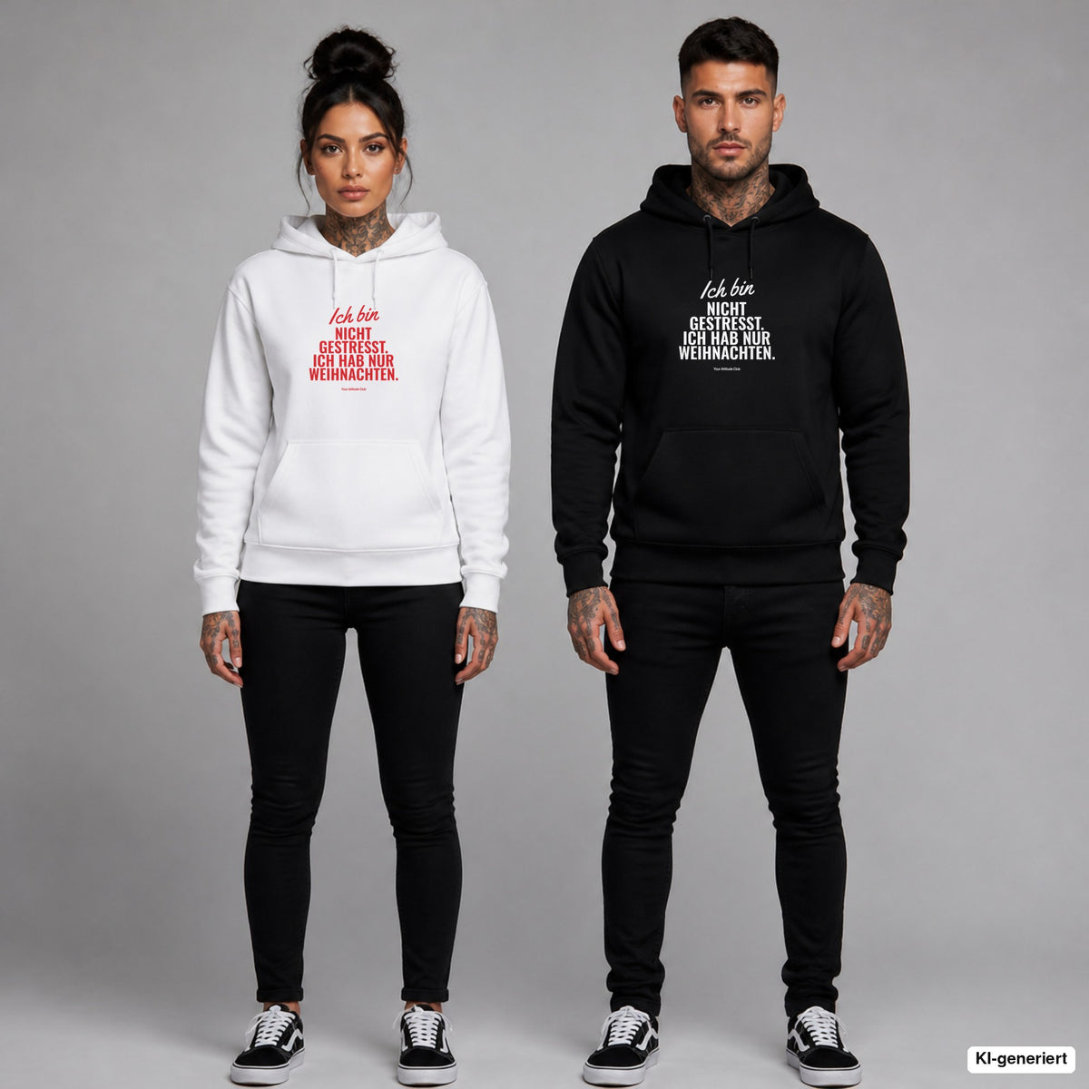Ich bin nicht gestresst. Ich hab nur Weihnachten – Hoodie mit Frontprint, Frau in Weiß mit rotem und Mann in Schwarz mit weißem Aufdruck