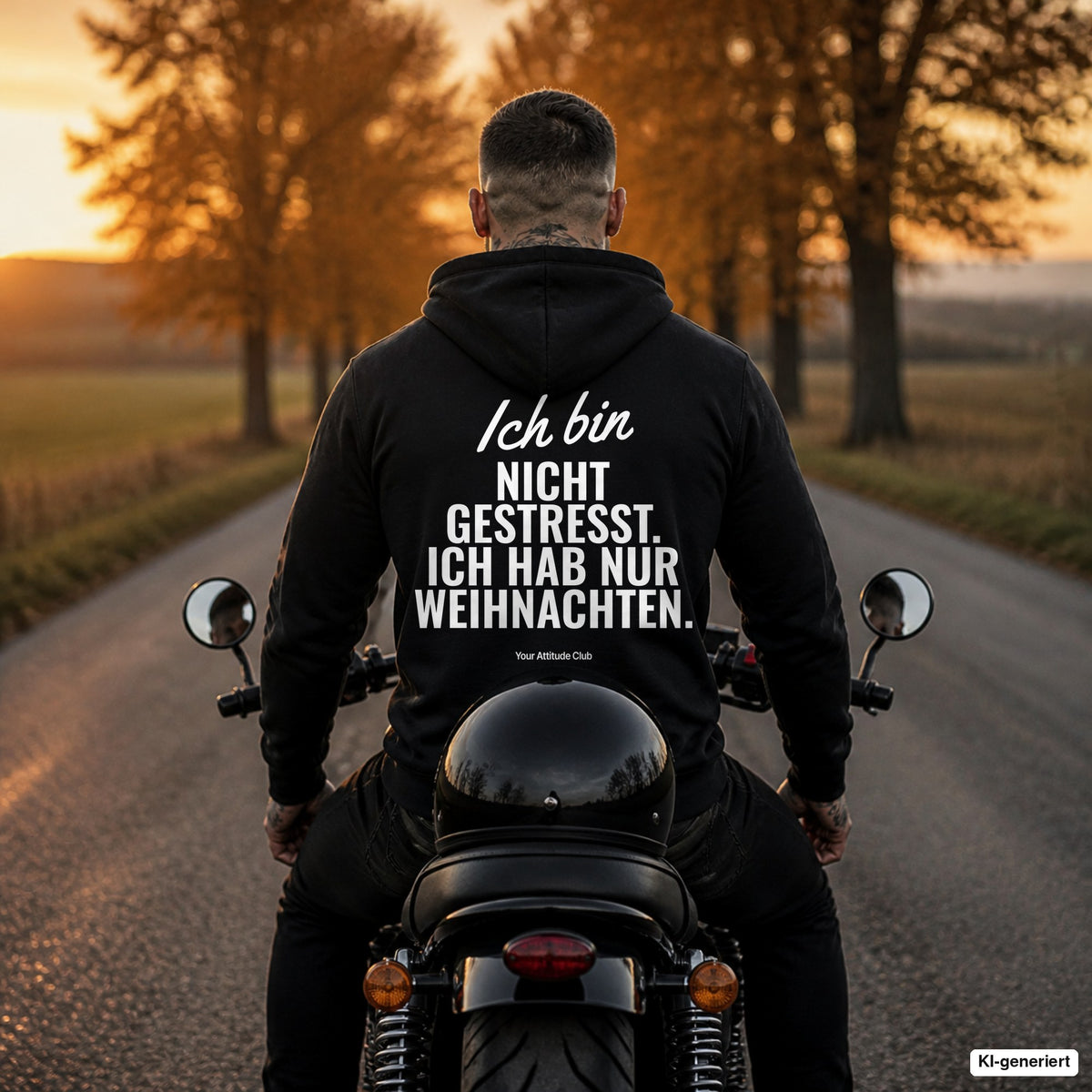 Ich bin nicht gestresst. Ich hab nur Weihnachten – schwarzer Hoodie mit weißem Backprint, Herren auf dem Motorrad