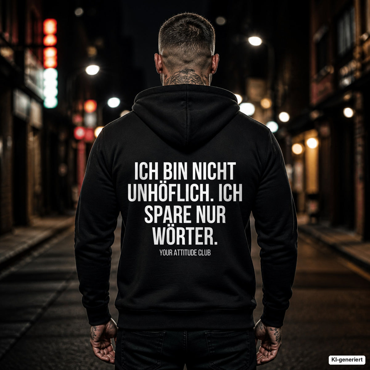 Ich bin nicht unhöflich. Ich spare nur Wörter – schwarzer Hoodie mit weißem Backprint, Herren in der Stadt bei Nacht