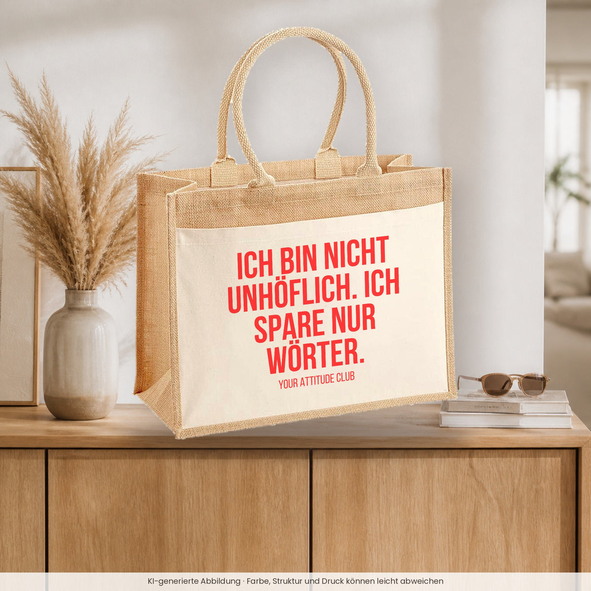 Ich bin nicht unhöflich. Ich spare nur Wörter. – Jutetasche mit Spruch, auf dem Sideboard im Flur
