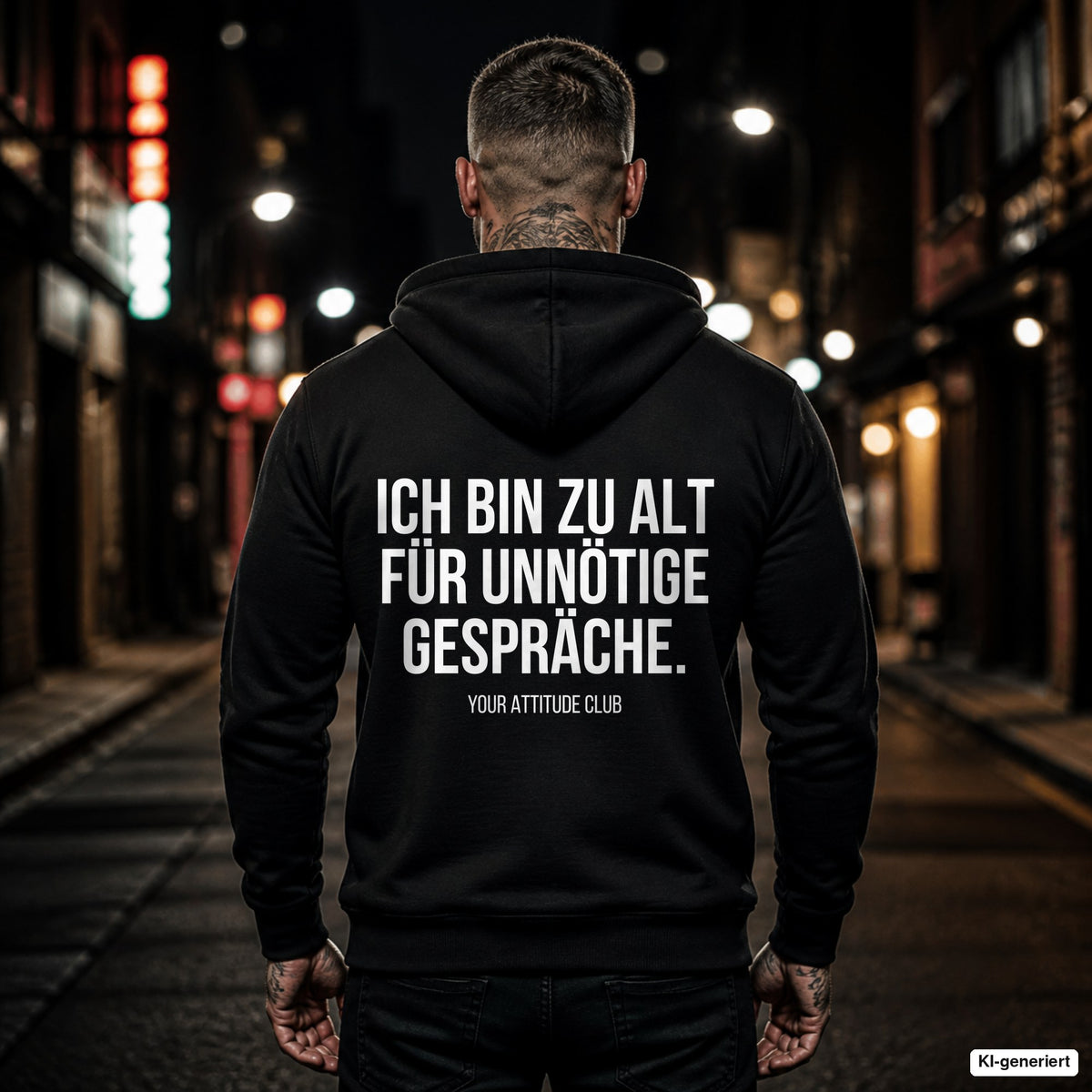 Ich bin zu alt für unnötige Gespräche – schwarzer Hoodie mit weißem Backprint, Herren in der Stadt bei Nacht