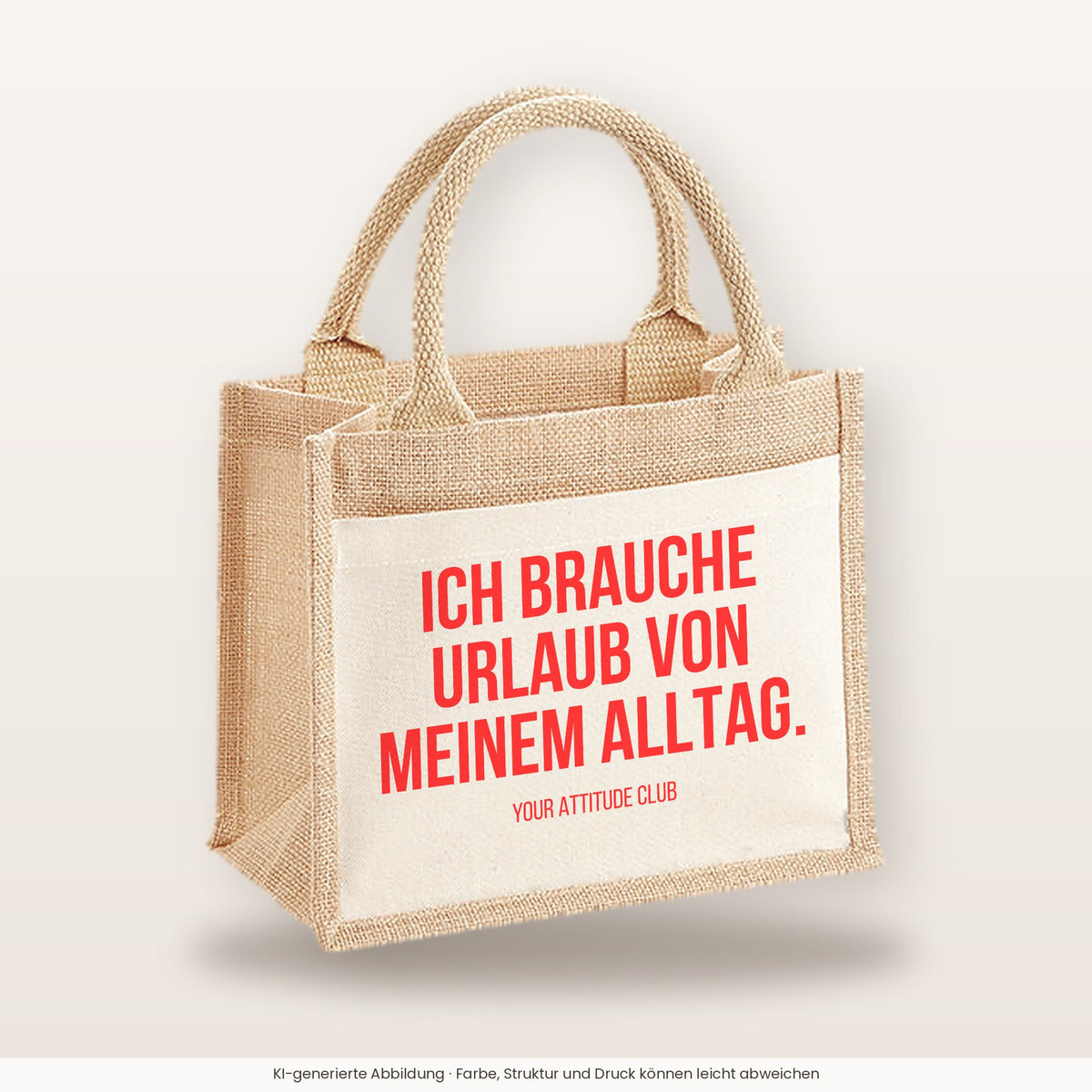 Ich brauche Urlaub von meinem Alltag. – Jutetasche mit Spruch, kleine Jutetasche 26 × 22 cm