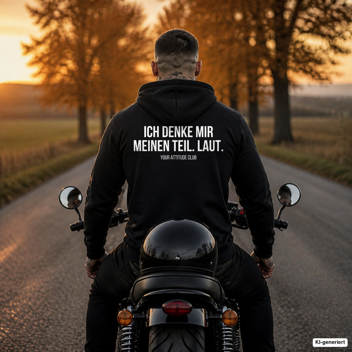 Ich denke mir meinen Teil. Laut – schwarzer Hoodie mit weißem Backprint, Herren auf dem Motorrad