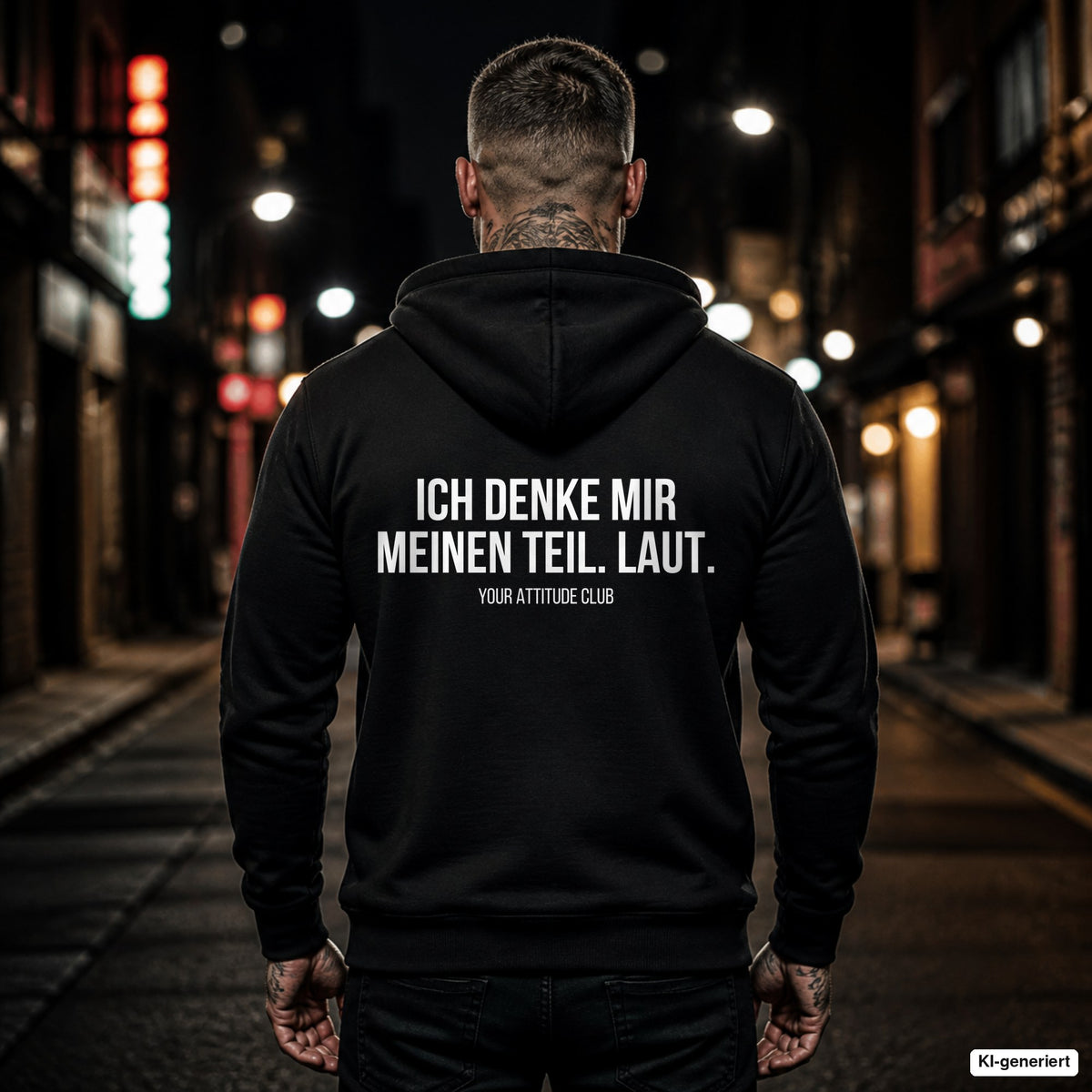 Ich denke mir meinen Teil. Laut – schwarzer Hoodie mit weißem Backprint, Herren in der Stadt bei Nacht