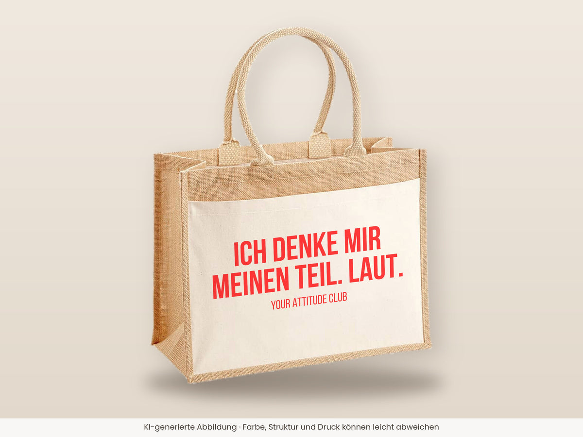 Ich denke mir meinen Teil. Laut. – Jutetasche mit Spruch, große Jutetasche, Detailansicht