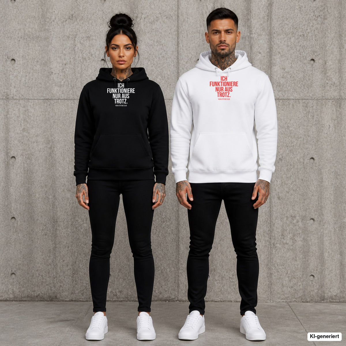 Ich funktioniere nur aus Trotz – Hoodie mit Frontprint, Frau in Schwarz und Mann in Weiß vor Betonwand