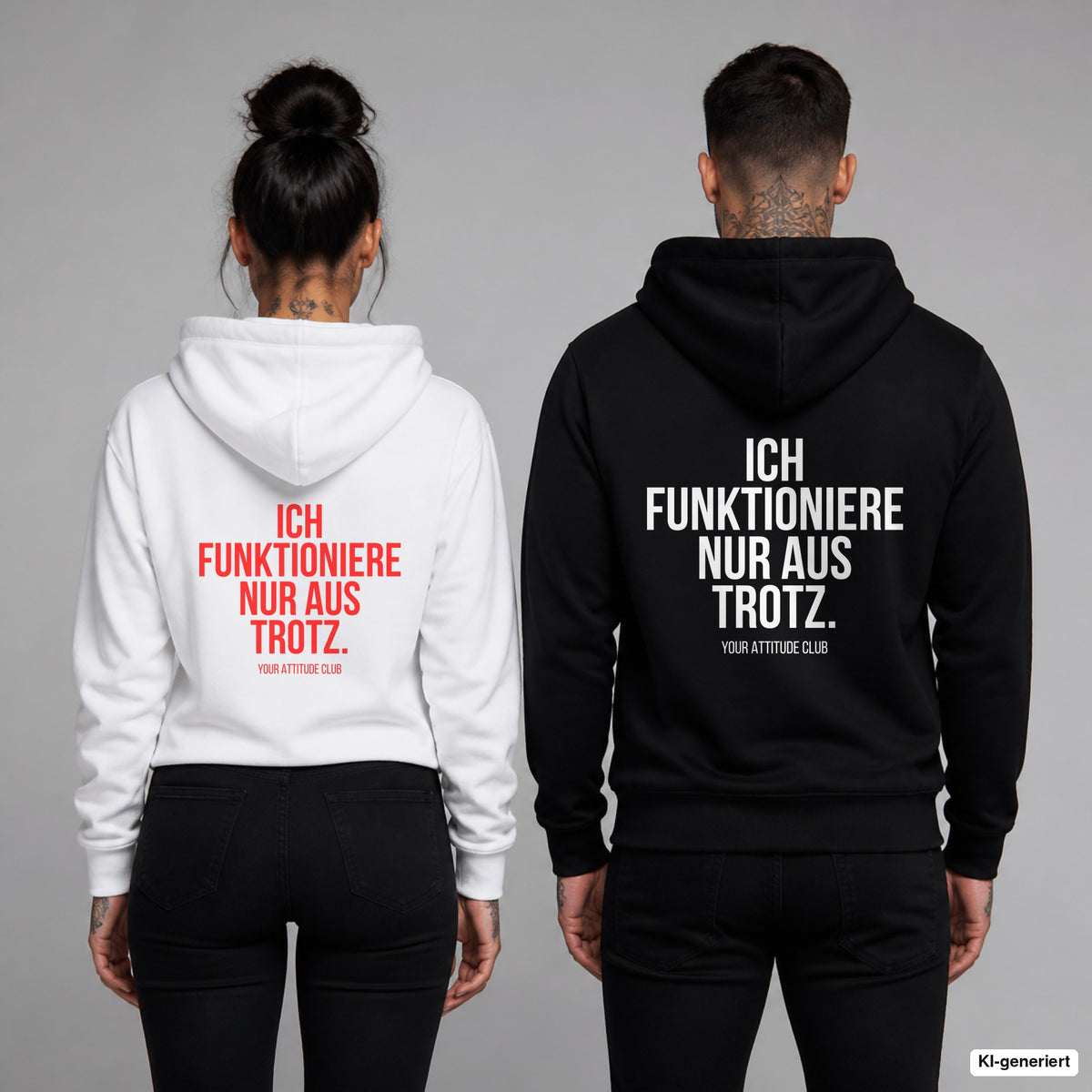 Ich funktioniere nur aus Trotz – Hoodie mit Backprint, Frau in Weiß mit rotem und Mann in Schwarz mit weißem Aufdruck