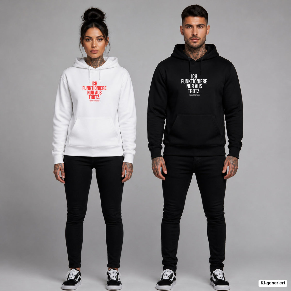 Ich funktioniere nur aus Trotz – Hoodie mit Frontprint, Frau in Weiß mit rotem und Mann in Schwarz mit weißem Aufdruck