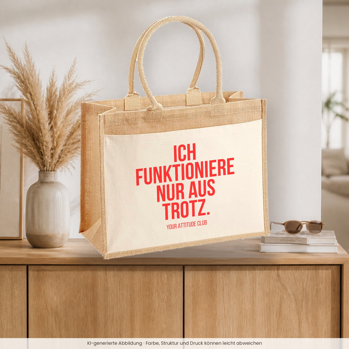 Ich funktioniere nur aus Trotz. – Jutetasche mit Spruch, auf dem Sideboard im Flur