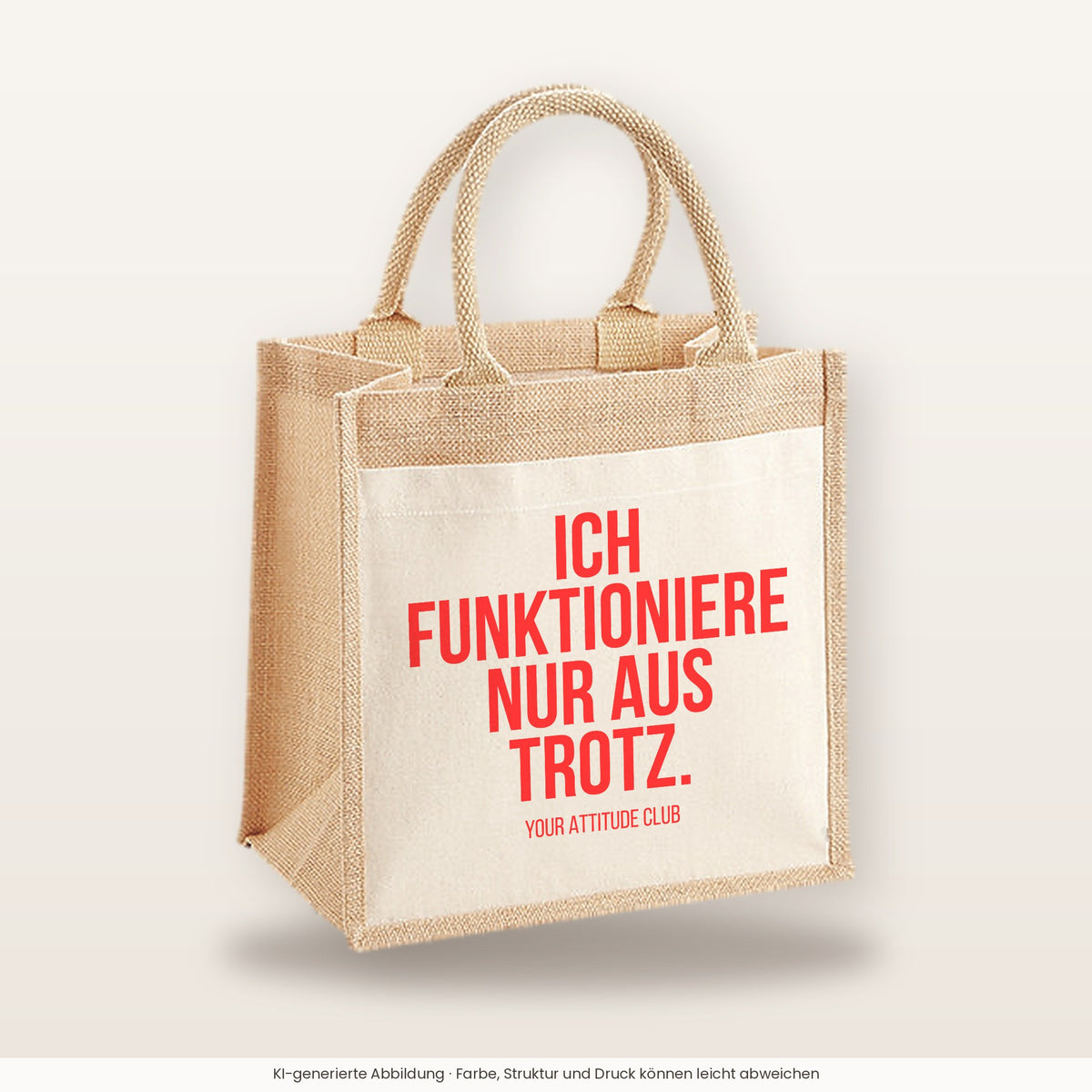Ich funktioniere nur aus Trotz. – Jutetasche mit Spruch, mittlere Jutetasche 30 × 30 cm