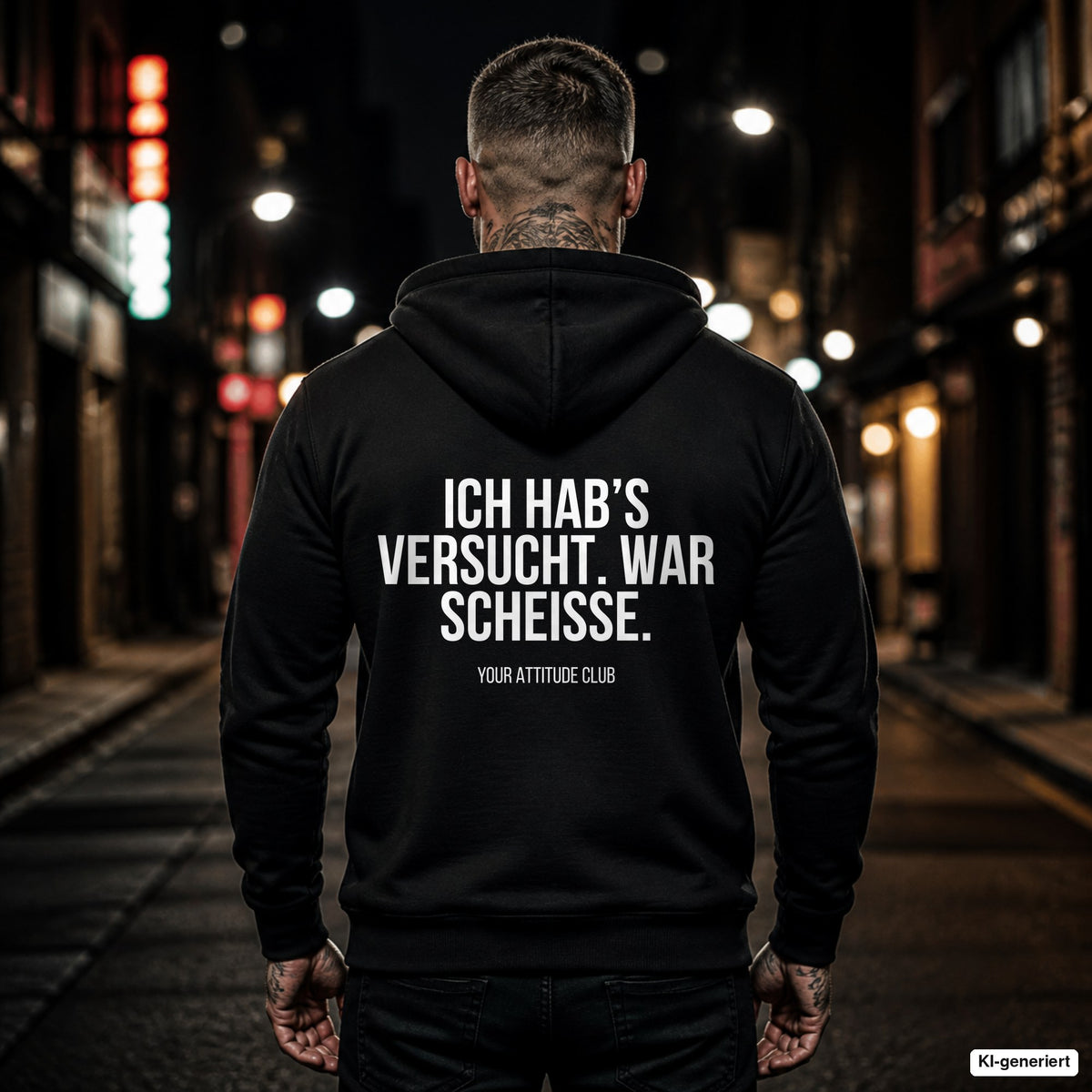 Ich hab’s versucht. War Scheiße – schwarzer Hoodie mit weißem Backprint, Herren in der Stadt bei Nacht