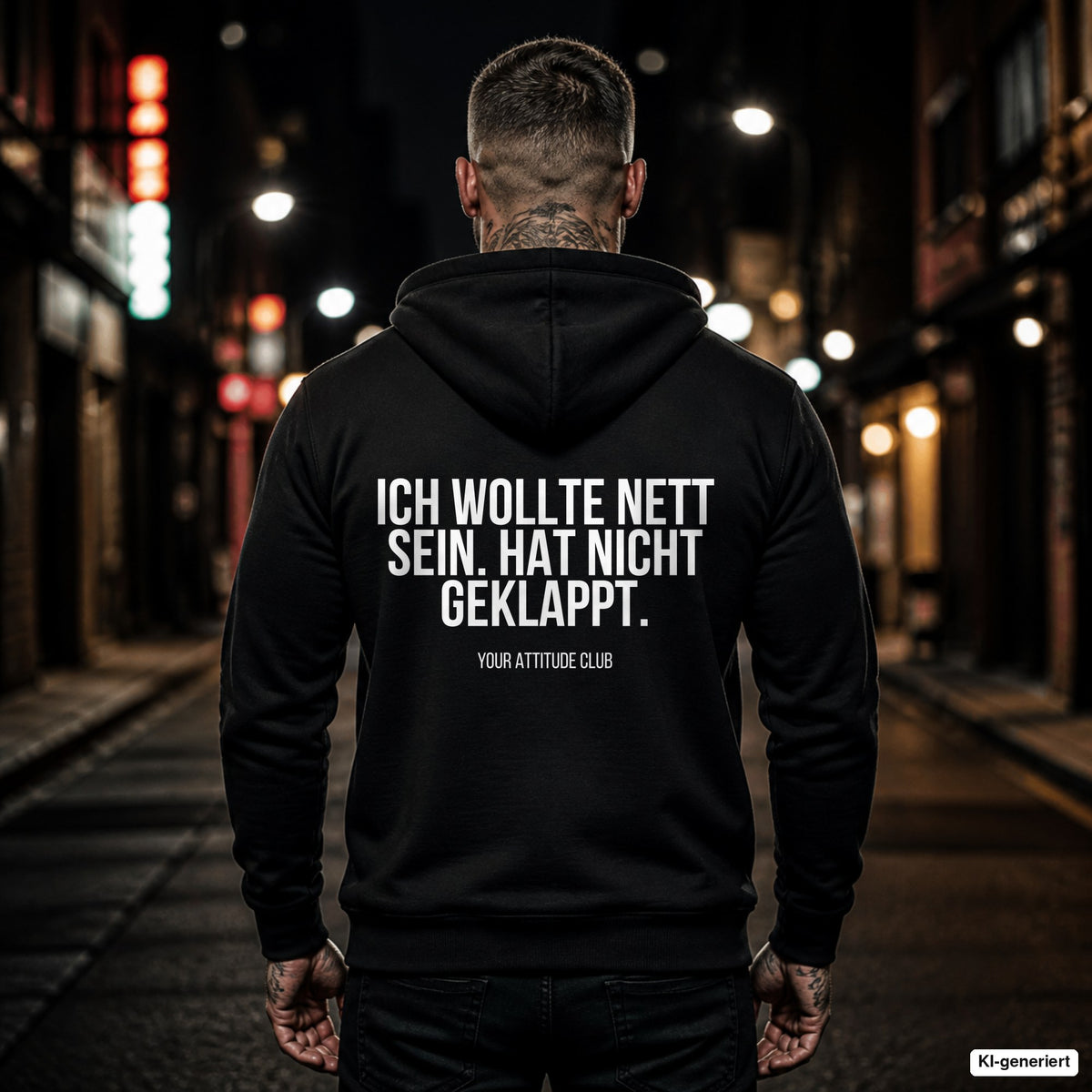 Ich wollte nett sein. Hat nicht geklappt – schwarzer Hoodie mit weißem Backprint, Herren in der Stadt bei Nacht