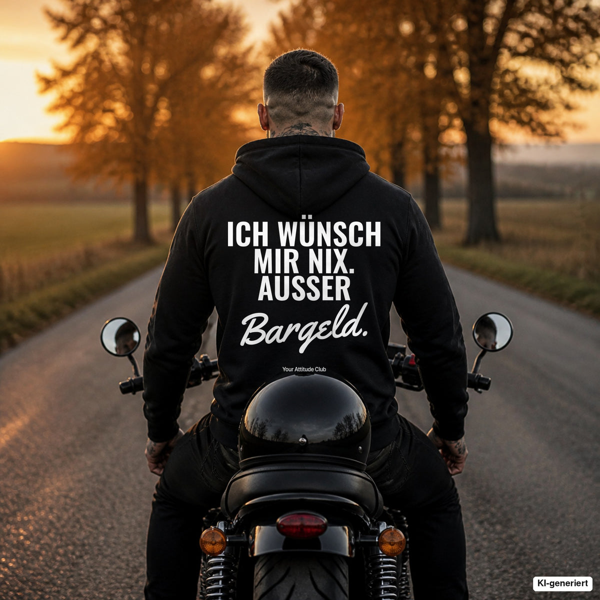 Ich wünsch mir nix. Außer Bargeld – schwarzer Hoodie mit weißem Backprint, Herren auf dem Motorrad