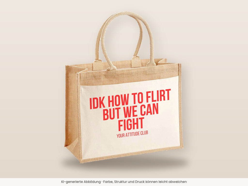 IDK how to flirt but we can fight – Jutetasche mit Spruch, große Jutetasche, Detailansicht