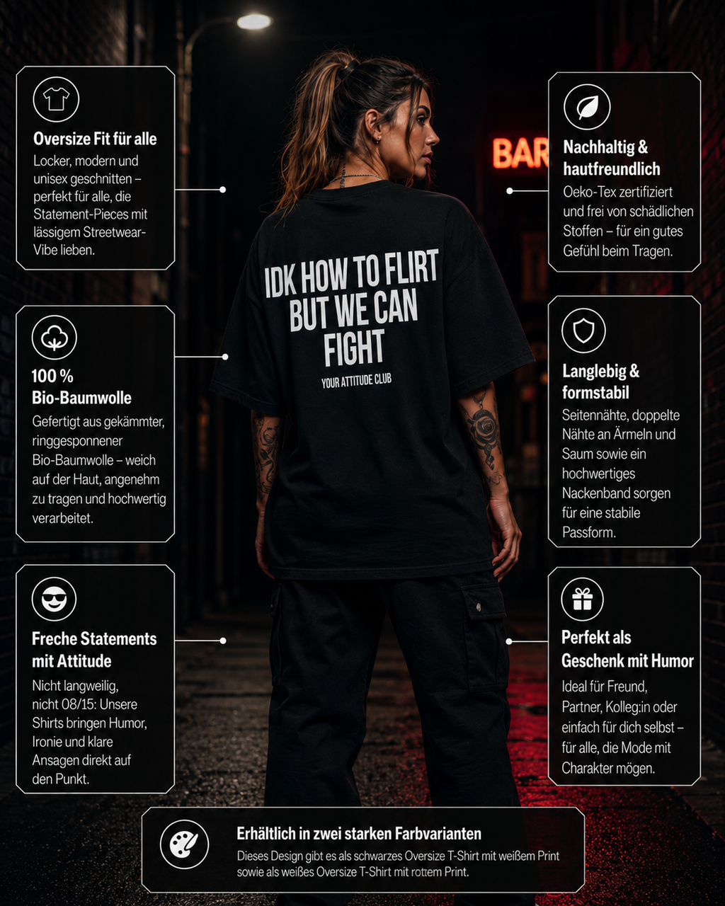 IDK HOW TO FLIRT BUT WE CAN ARGUE | Oversize Shirt Unisex mit Backprint, Statement Shirt aus Bio-Baumwolle