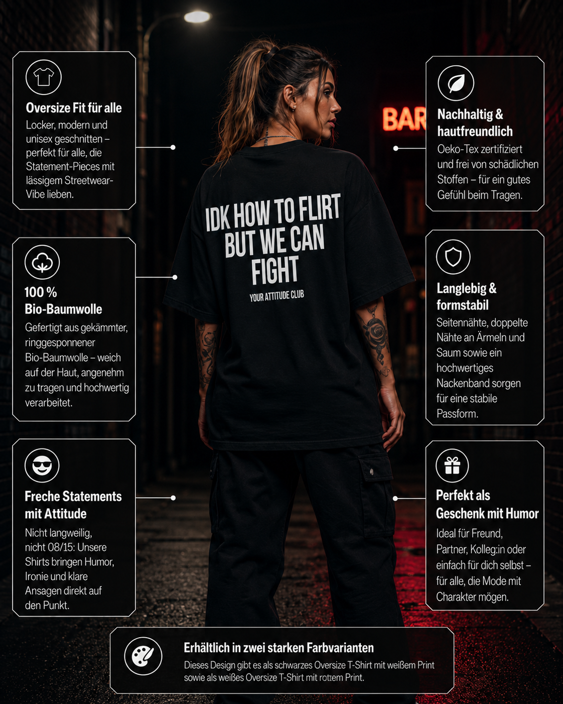 IDK HOW TO FLIRT BUT WE CAN ARGUE | Oversize Shirt Unisex mit Backprint, Statement Shirt aus Bio-Baumwolle
