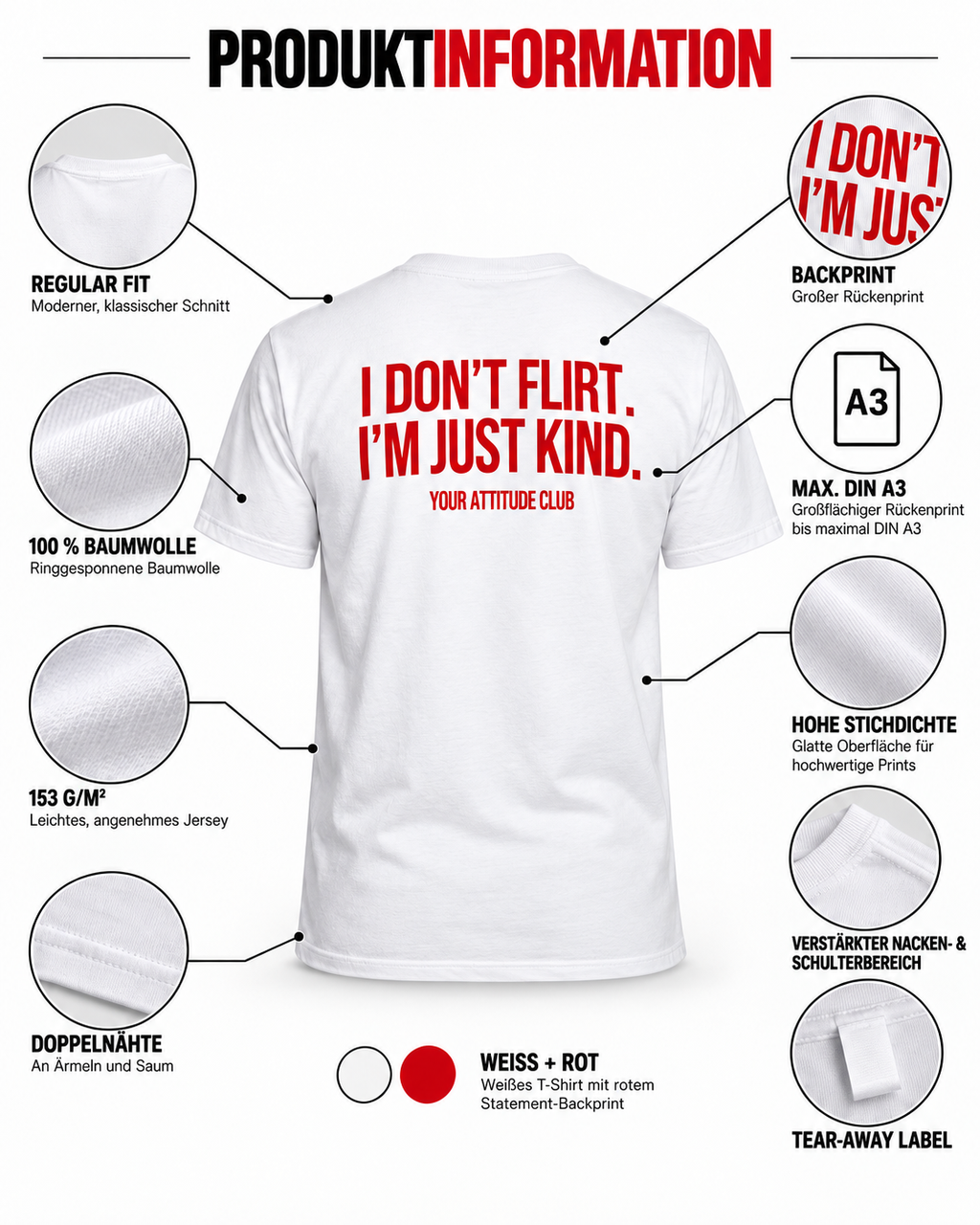 I DON’T FLIRT. I’M JUST KIND. – Unisex Statement T-Shirt Weiß mit rotem Backprint | freches Sprüche Shirt