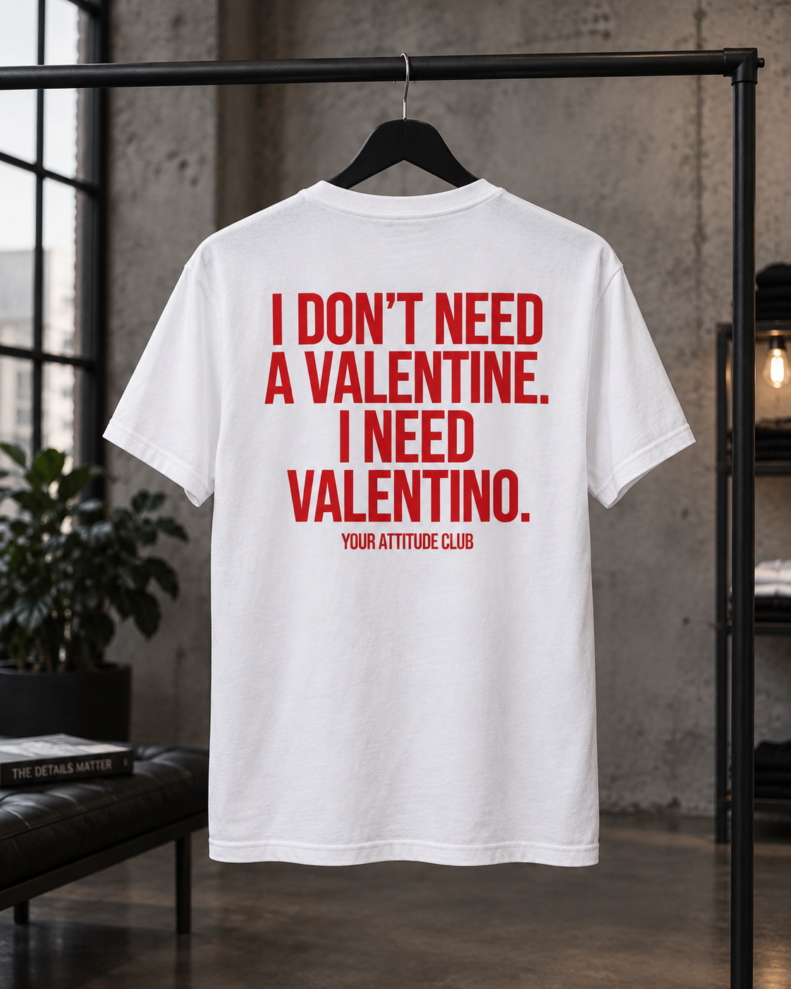 I DON’T NEED A VALENTINE. I NEED VALENTINO. – Unisex Statement T-Shirt Weiß mit rotem Backprint | freches Sprüche Shirt