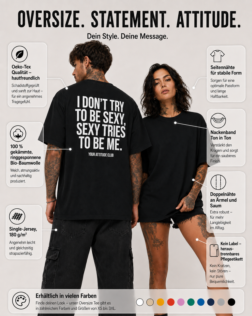 I DON’T TRY TO BE SEXY, SEXY TRIES TO BE ME – weißes Oversize Unisex Shirt, roter Backprint, freches Statement Shirt, lustiges Shirt, Streetwear