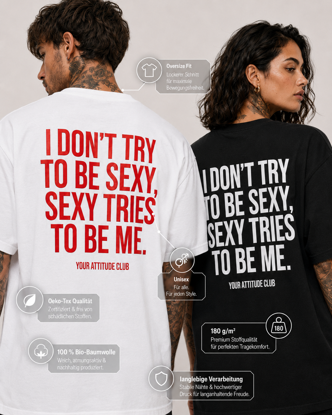 I DON’T TRY TO BE SEXY, SEXY TRIES TO BE ME – schwarzes Oversize Unisex Shirt, weißer Backprint, lustiges Statement Shirt, freches Streetwear Shirt