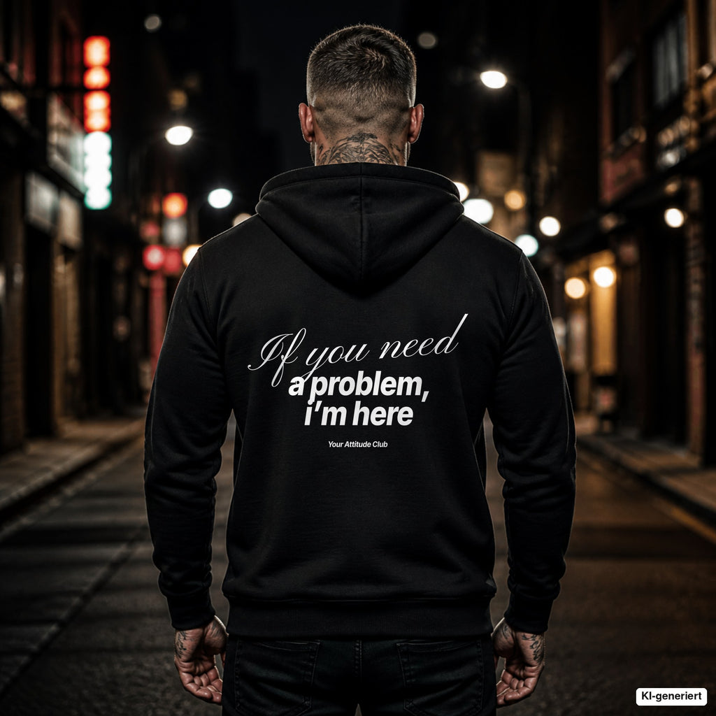 If you need a problem, I’m here – schwarzer Hoodie mit weißem Backprint, Herren in der Stadt bei Nacht