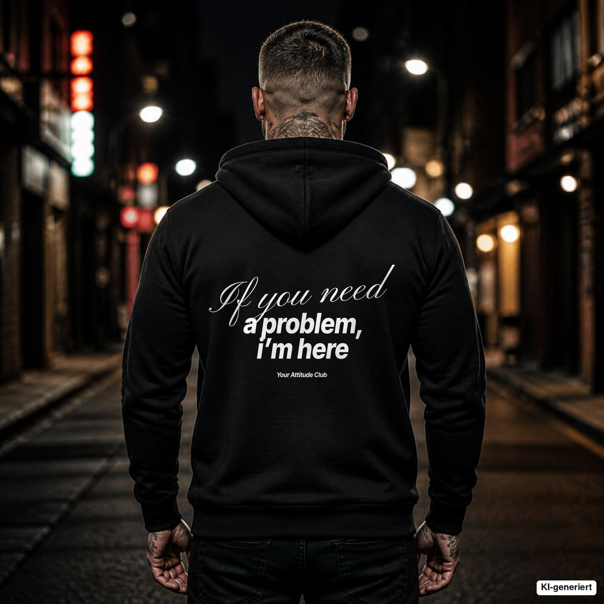 If you need a problem, I’m here – schwarzer Hoodie mit weißem Backprint, Herren in der Stadt bei Nacht