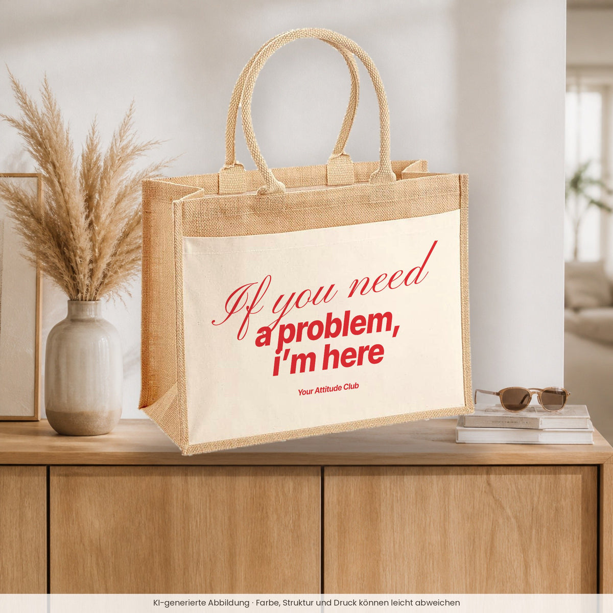 If you need a problem, I’m here – Jutetasche mit Spruch, auf dem Sideboard im Flur