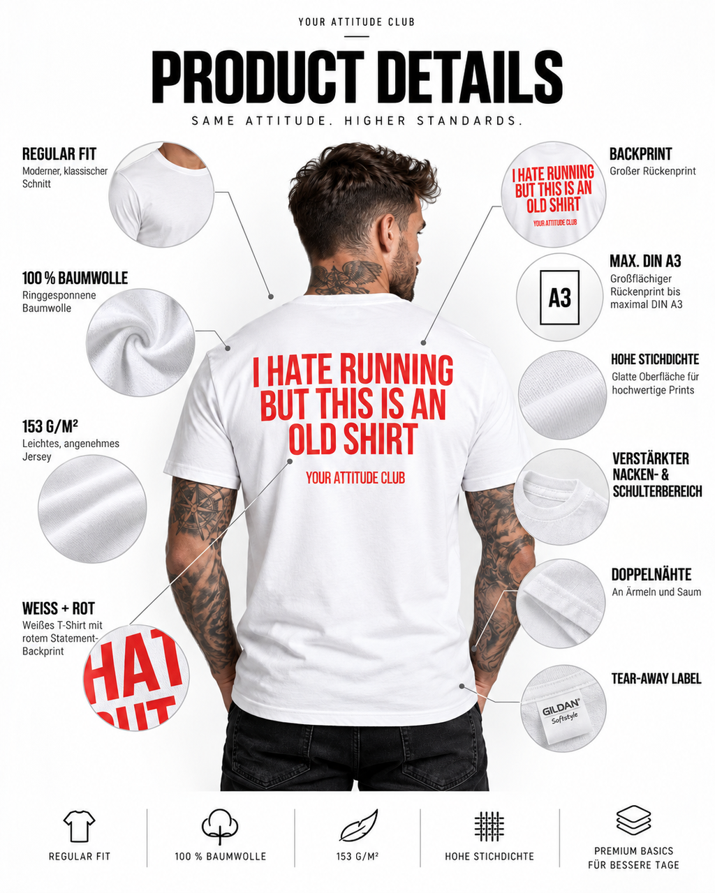 I HATE RUNNING BUT THIS IS AN OLD SHIRT – Unisex Statement T-Shirt Weiß mit rotem Backprint | lustiges Sprüche Shirt