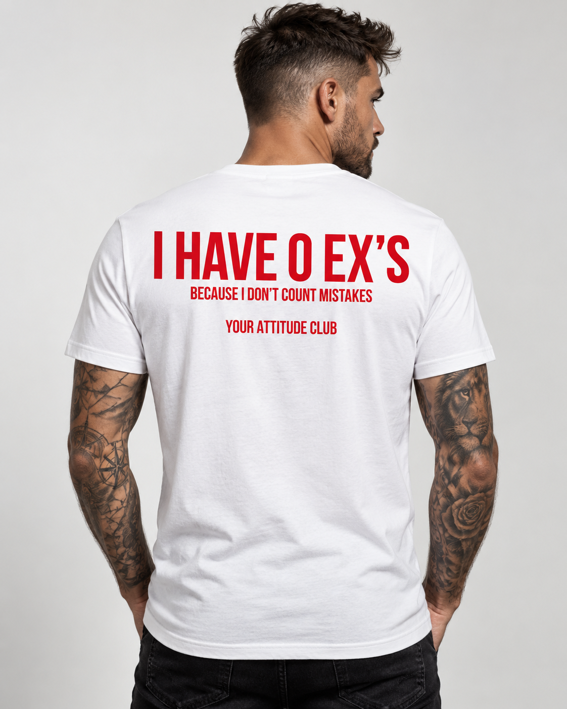 I HAVE 0 EX’S BECAUSE I DON’T COUNT MISTAKES – Unisex Statement T-Shirt Weiß mit rotem Backprint | freches Sprüche Shirt