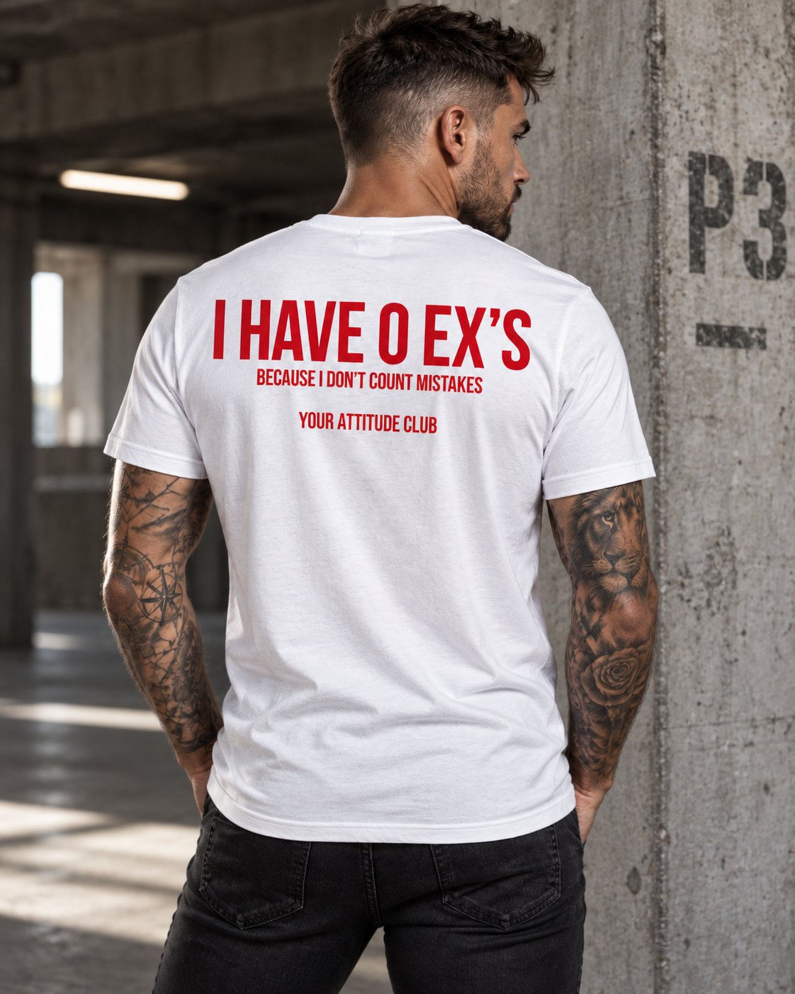 I HAVE 0 EX’S BECAUSE I DON’T COUNT MISTAKES – Unisex Statement T-Shirt Weiß mit rotem Backprint | freches Sprüche Shirt
