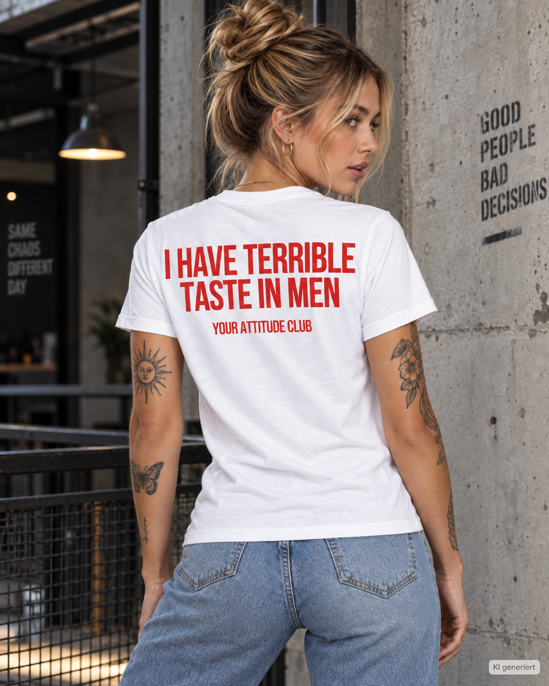 I HAVE TERRIBLE TASTE IN MEN – Unisex Statement T-Shirt Weiß mit rotem Backprint | freches Dating Sprüche Shirt