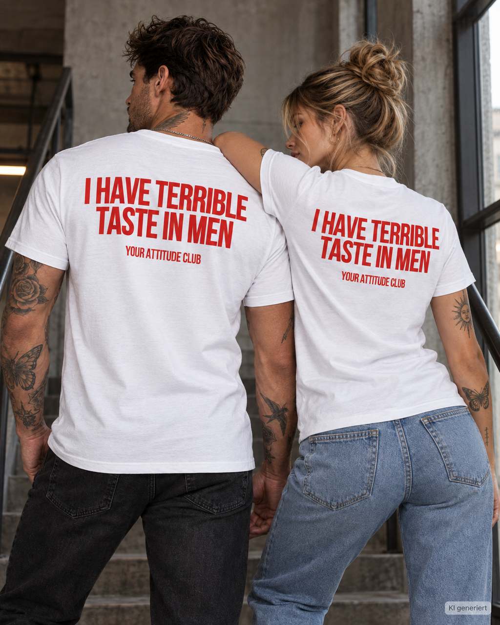 I HAVE TERRIBLE TASTE IN MEN – Unisex Statement T-Shirt Weiß mit rotem Backprint | freches Dating Sprüche Shirt