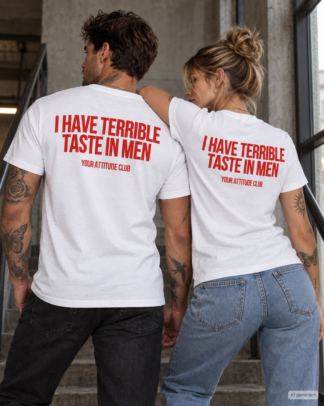 I HAVE TERRIBLE TASTE IN MEN – Unisex Statement T-Shirt Weiß mit rotem Backprint | freches Dating Sprüche Shirt