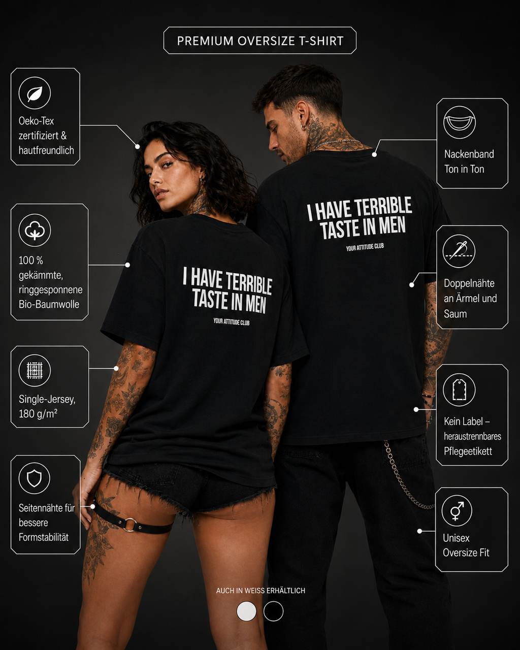 I HAVE TERRIBLE TASTE IN MEN – weißes Unisex Oversize Shirt mit rotem Backprint, lustiges Statement T-Shirt, Dating Humor, frecher Spruch, Geschenk