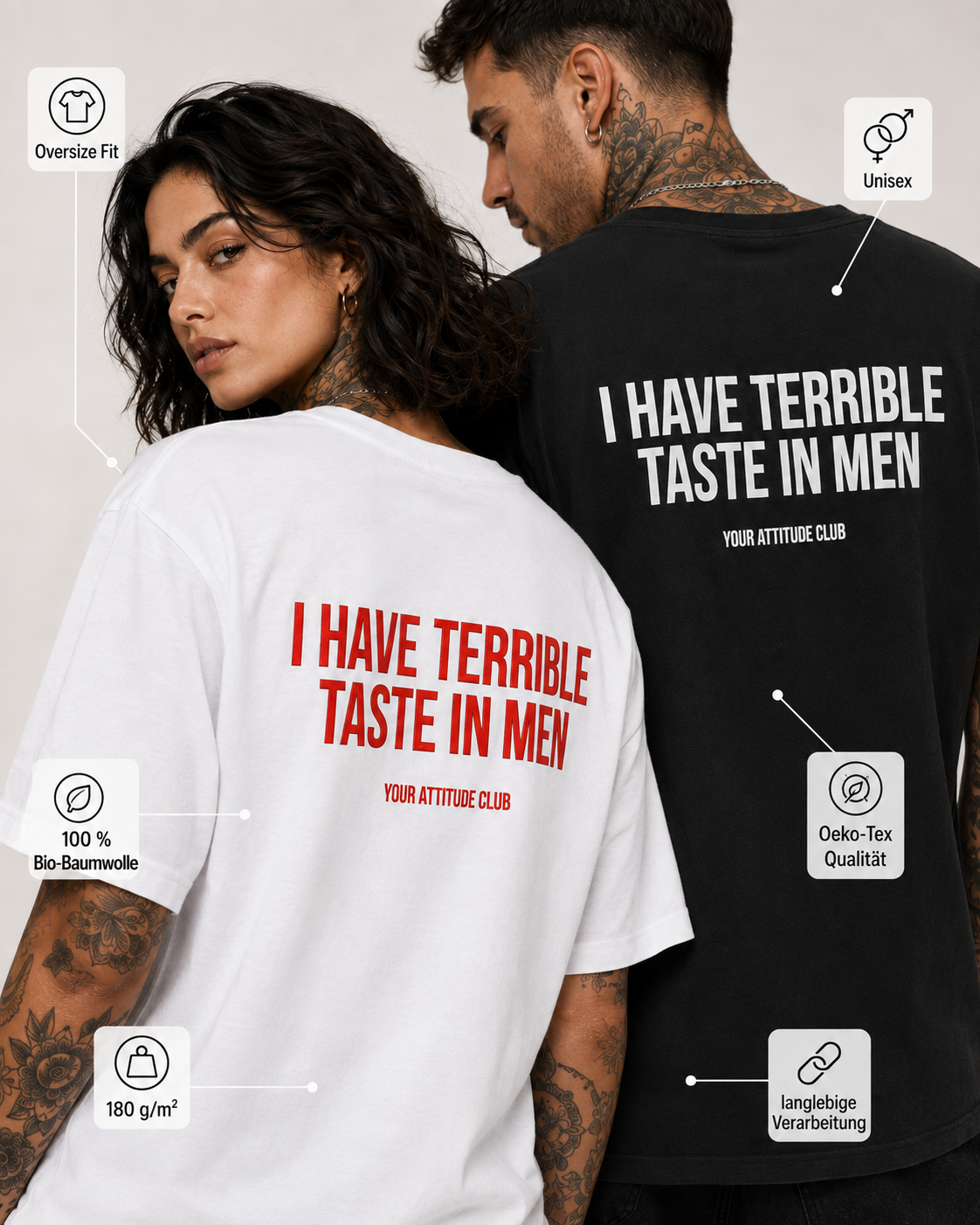 I HAVE TERRIBLE TASTE IN MEN – weißes Unisex Oversize Shirt mit rotem Backprint, lustiges Statement T-Shirt, Dating Humor, frecher Spruch, Geschenk