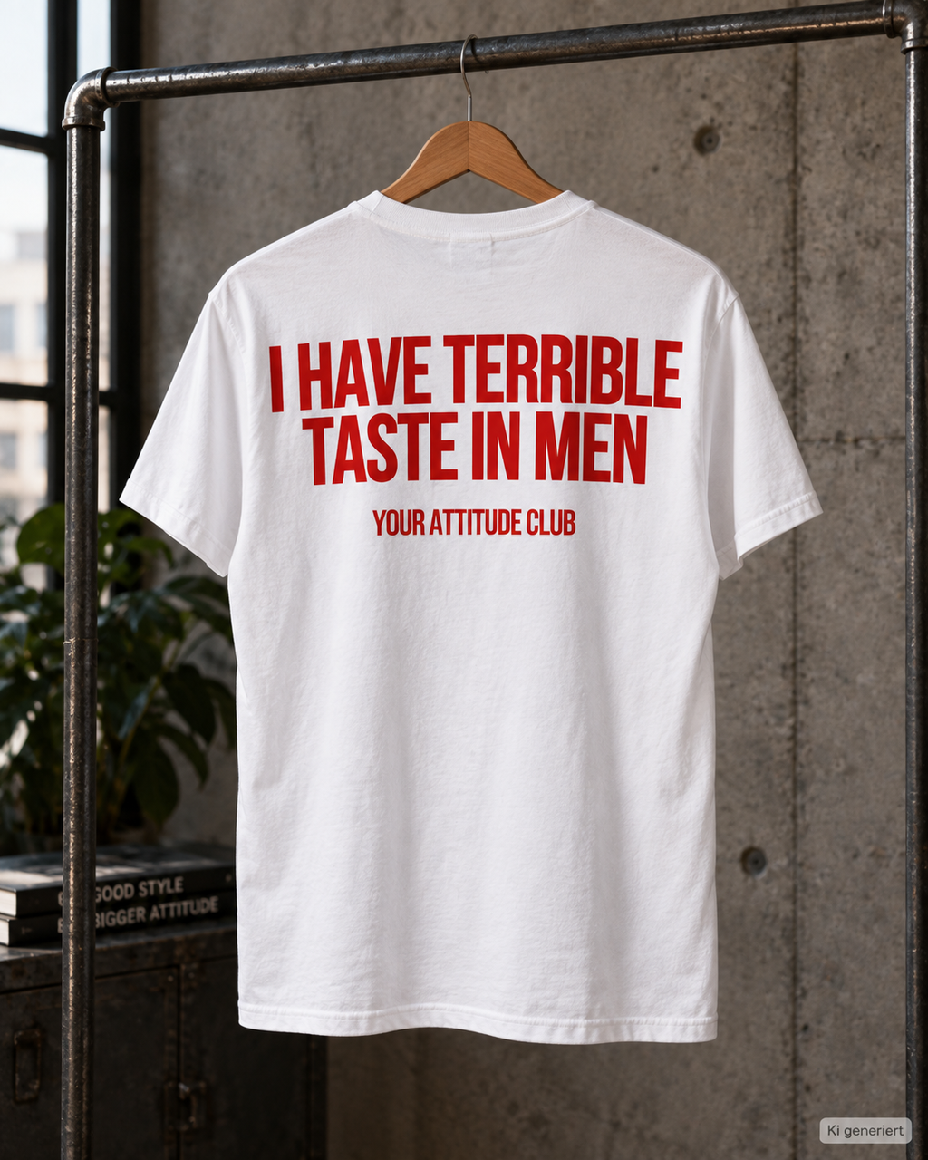 I HAVE TERRIBLE TASTE IN MEN – Unisex Statement T-Shirt Weiß mit rotem Backprint | freches Dating Sprüche Shirt