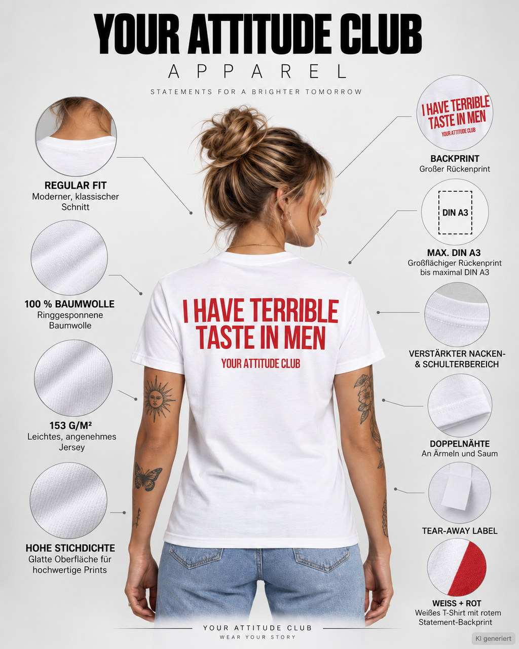I HAVE TERRIBLE TASTE IN MEN – Unisex Statement T-Shirt Weiß mit rotem Backprint | freches Dating Sprüche Shirt